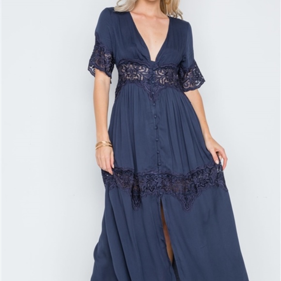 NAVY BUTTON DOWN SHORT SLEEVE MAXI BOHO DRESS - Picture 3 of 8